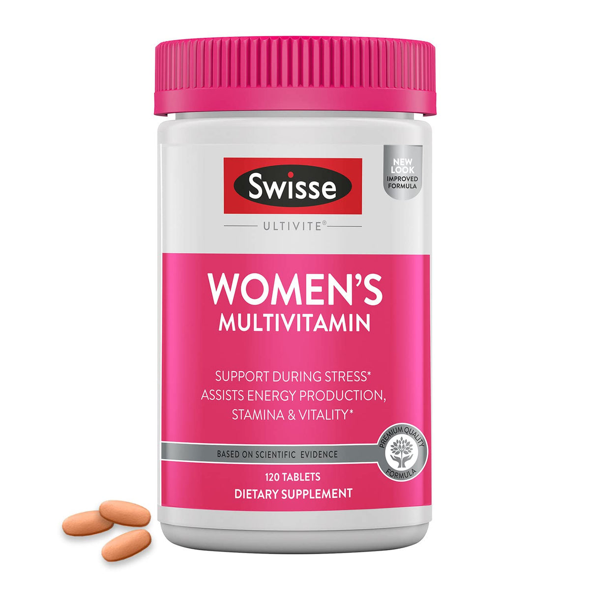 Swisse Daily Multivitamin for Women bottle label showing a complete nutrient blend for daily vitality