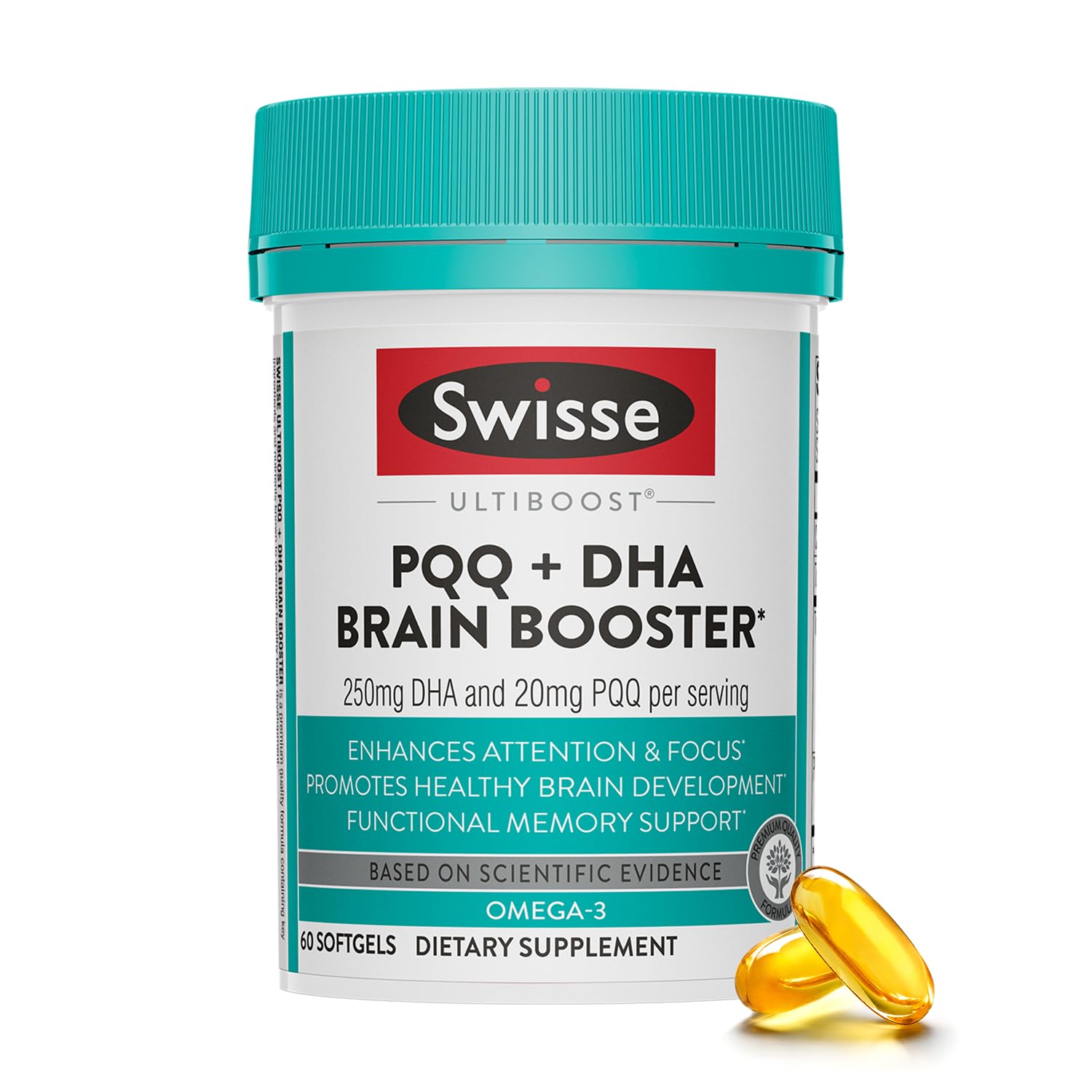 Swisse PQQ + DHA Brain Booster bottle emphasizing focus and clarity