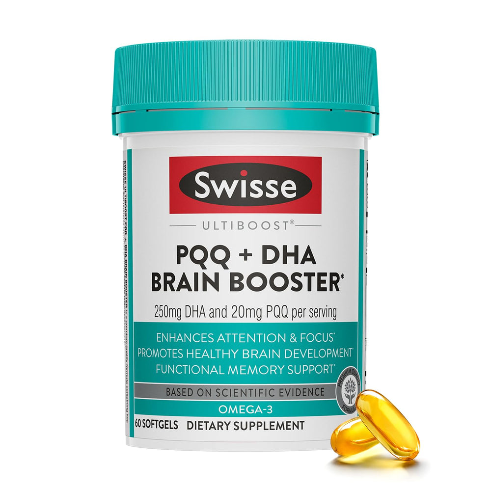 Swisse PQQ + DHA Brain Booster bottle emphasizing focus and clarity