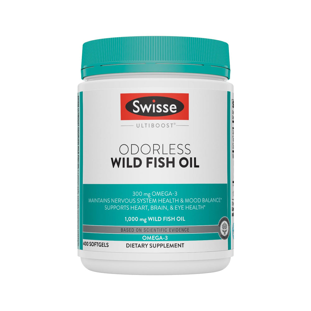 Swisse Wild Fish Oil odorless softgels bottle shown for daily omega-3 support.