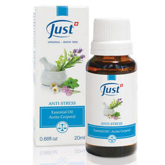SwissJust Stress Relief bottle front with calm essential oil blend.