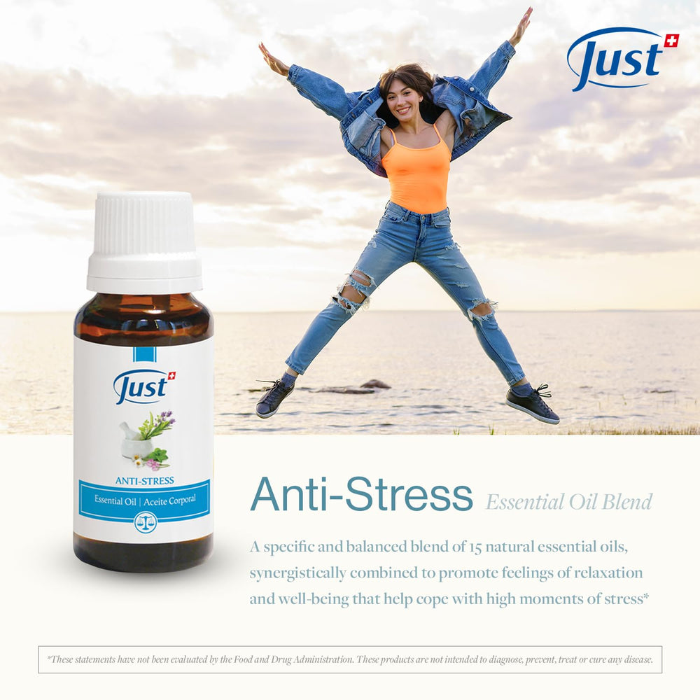 SwissJust Stress Relief label close-up highlighting 15 natural essential oils.