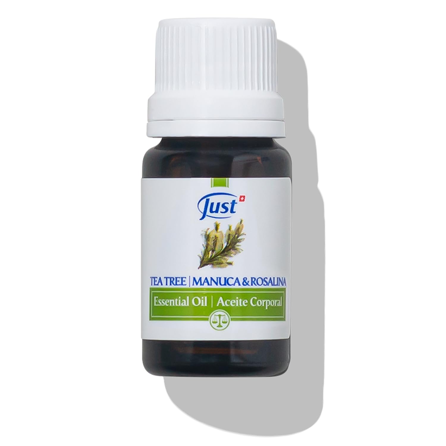 SwissJust Tea Tree Oil 10ml bottle for skin care and hygiene.