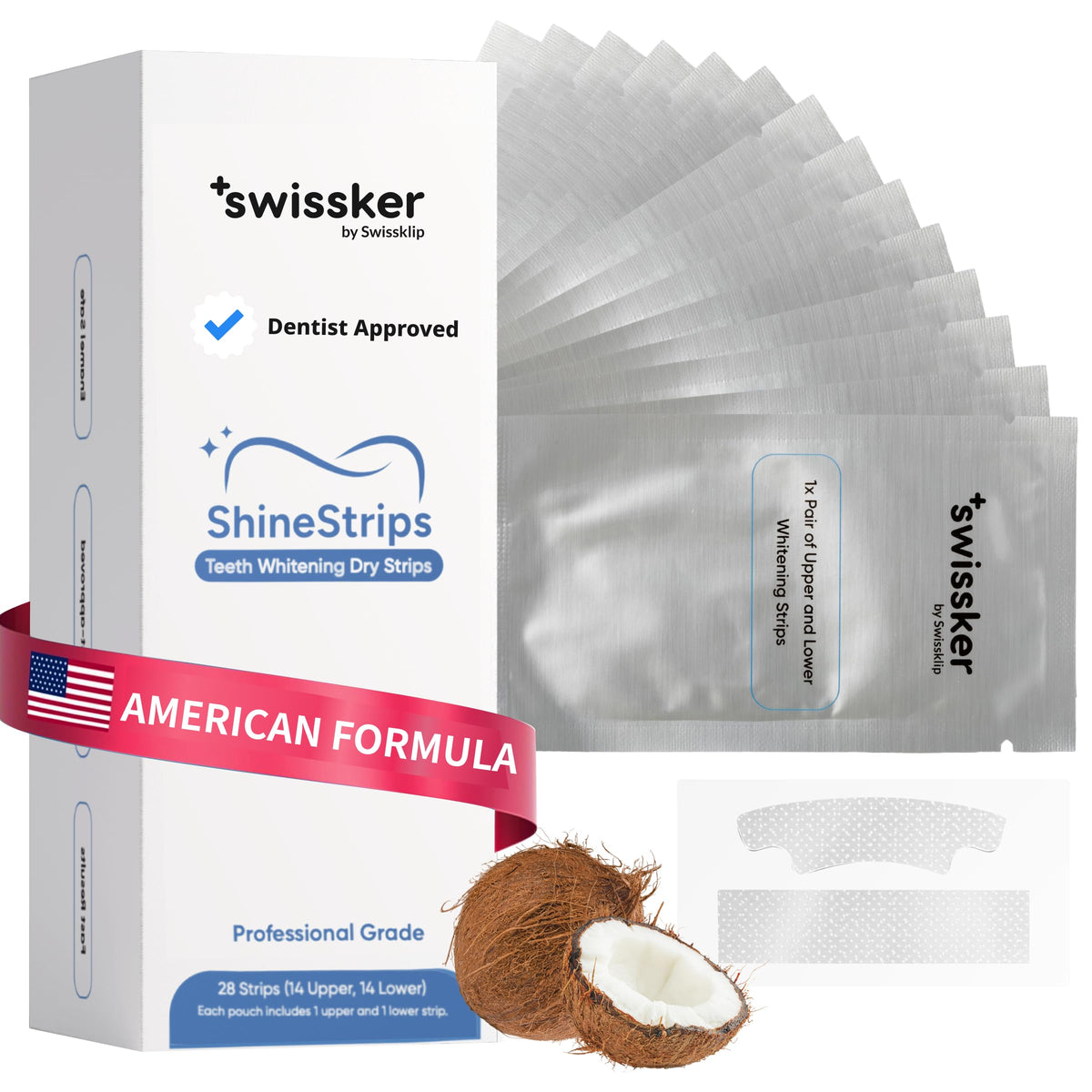 Swissker by Swissklip ShineStrips packaging box for enamel-safe whitening