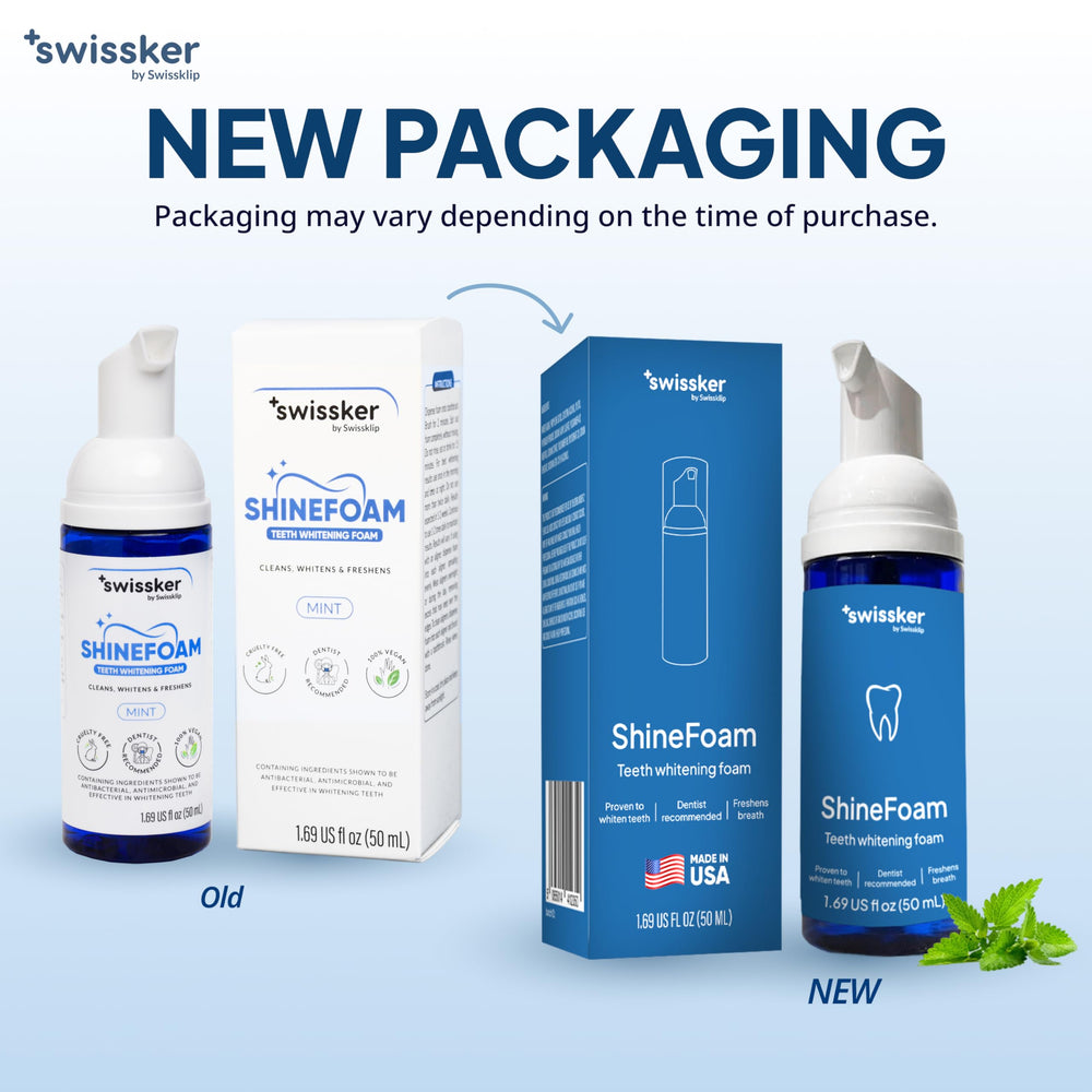 Swissker ShineFoam foam on toothbrush highlights quick at-home whitening use.