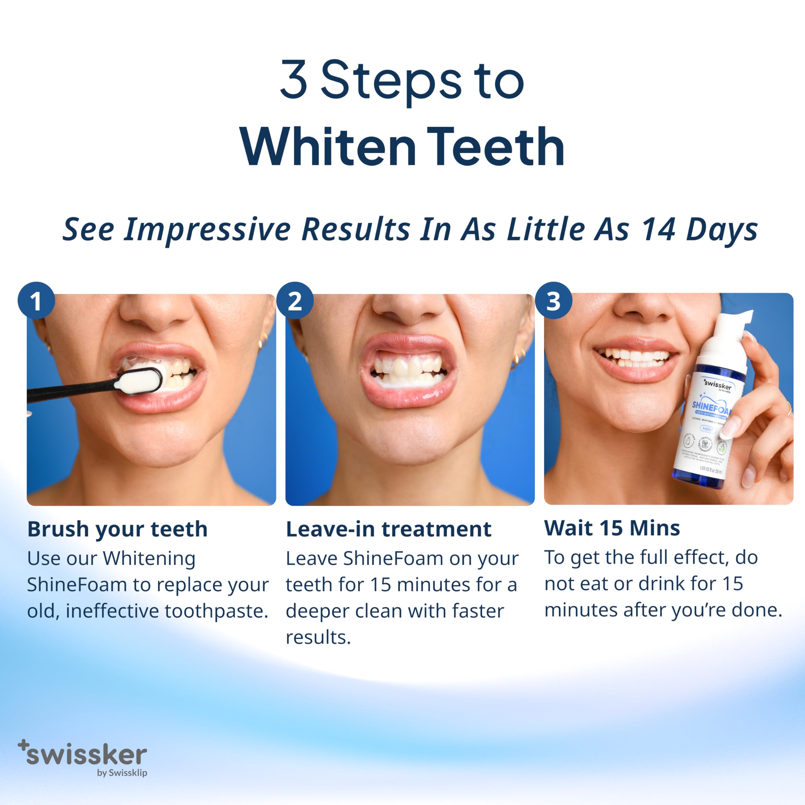 Swissker ShineFoam foamy texture close-up emphasizes gentle whitening for sensitive teeth.