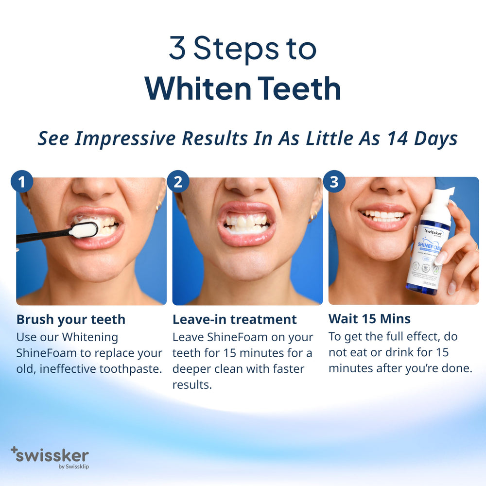 Swissker ShineFoam foamy texture close-up emphasizes gentle whitening for sensitive teeth.