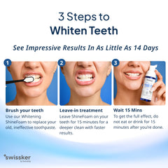 Swissker ShineFoam foamy texture close-up emphasizes gentle whitening for sensitive teeth.