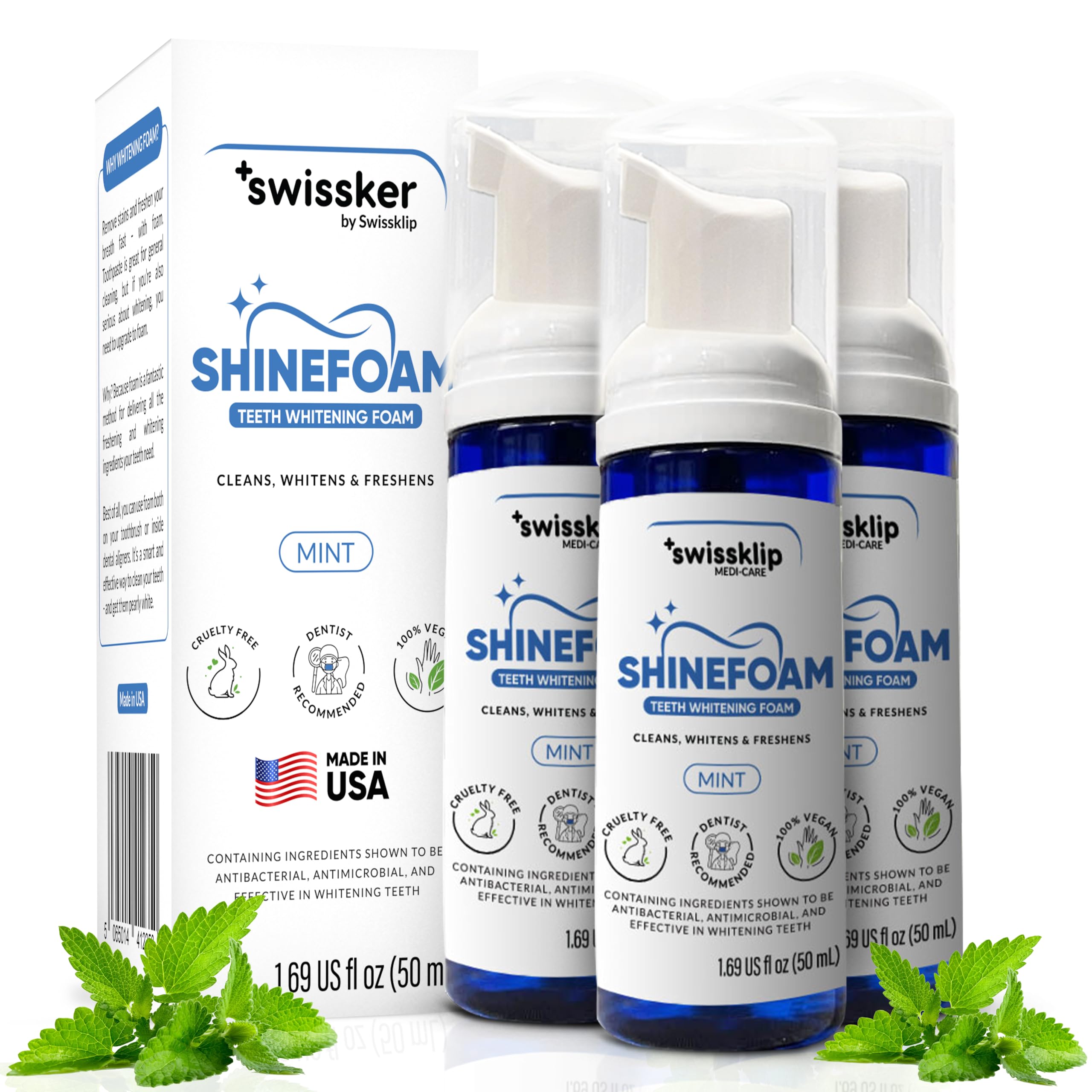 Swissker ShineFoam packaging box shows vegan, USA-made whitening solution.