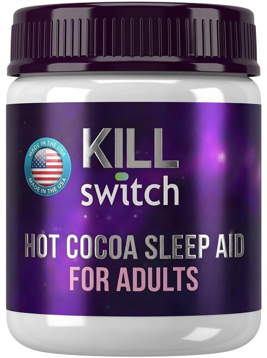 SWITCH Killswitch sleep aid tub closeup, sugar-free cocoa blend promotes calm before bed.