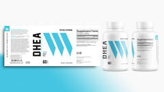Swolverine DHEA capsules on countertop with water, ready for daily energy support.