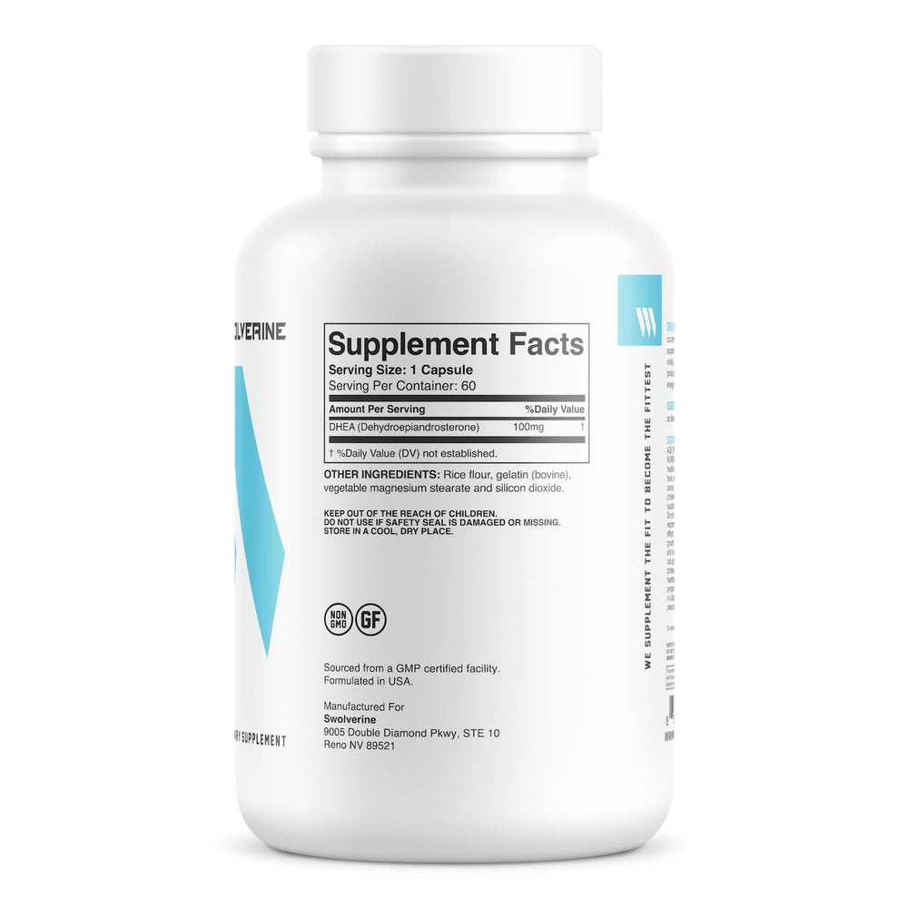 Swolverine DHEA label close-up showing non-GMO and gluten-free formula.