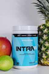 Swolverine Intra Tropical Blast ingredients panel with essential aminos and electrolytes.