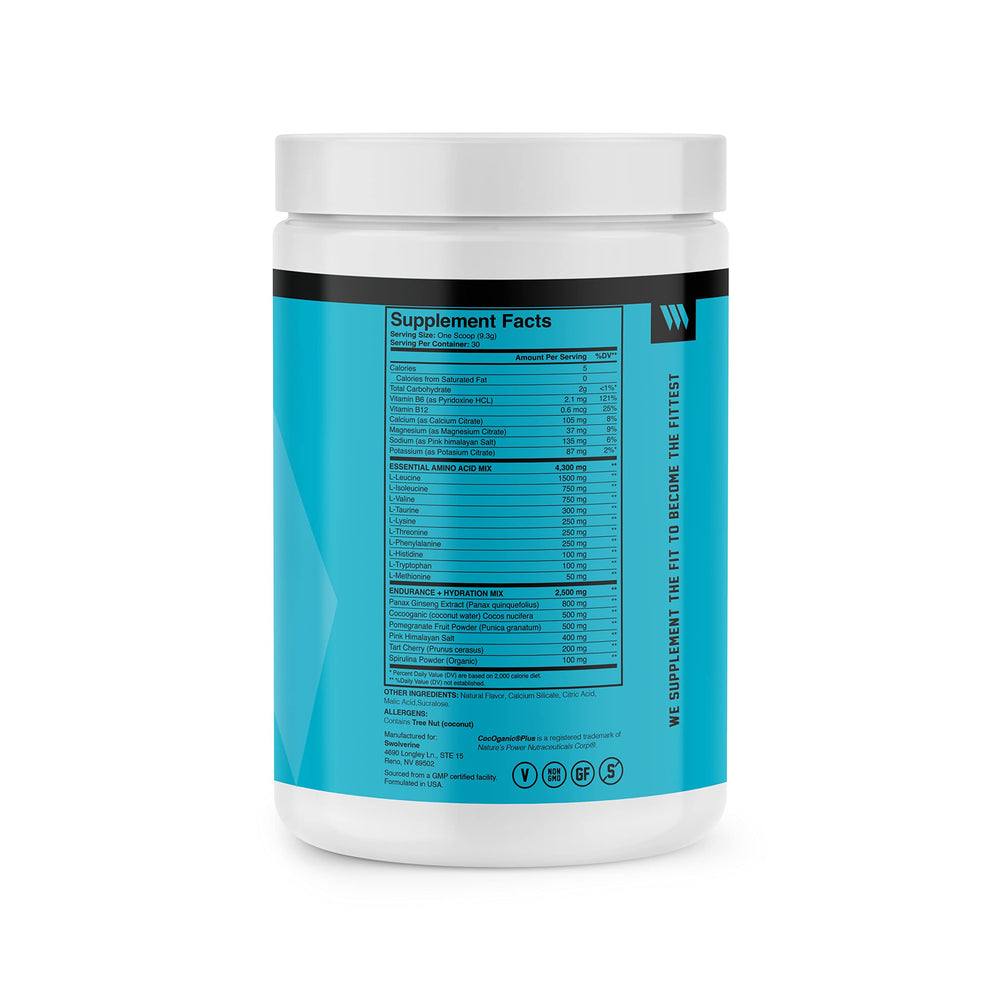 Swolverine Intra Tropical Blast powder scoop beside the tub for quick, mixable intra-workout fuel.