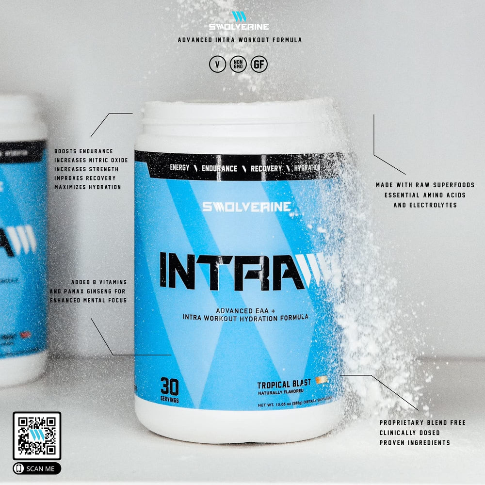 Swolverine Intra Tropical Blast shaker cup ready for an electrolyte blend during training.