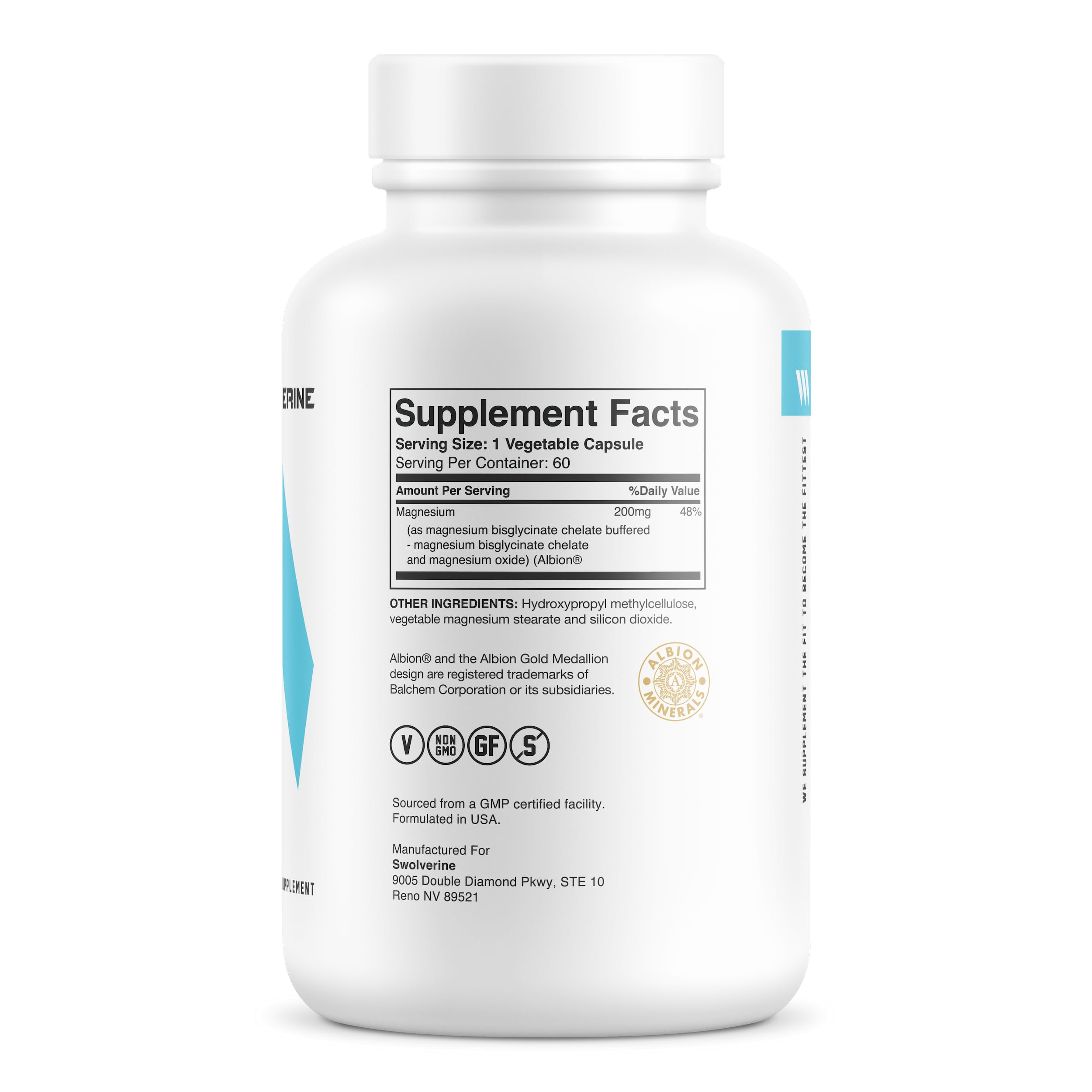 Close-up of Swolverine Magnesium Bisglycinate capsules for daily wellness support.