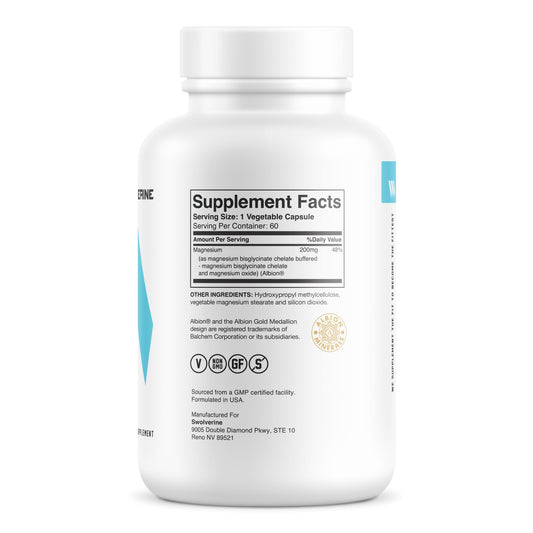 Close-up of Swolverine Magnesium Bisglycinate capsules for daily wellness support.