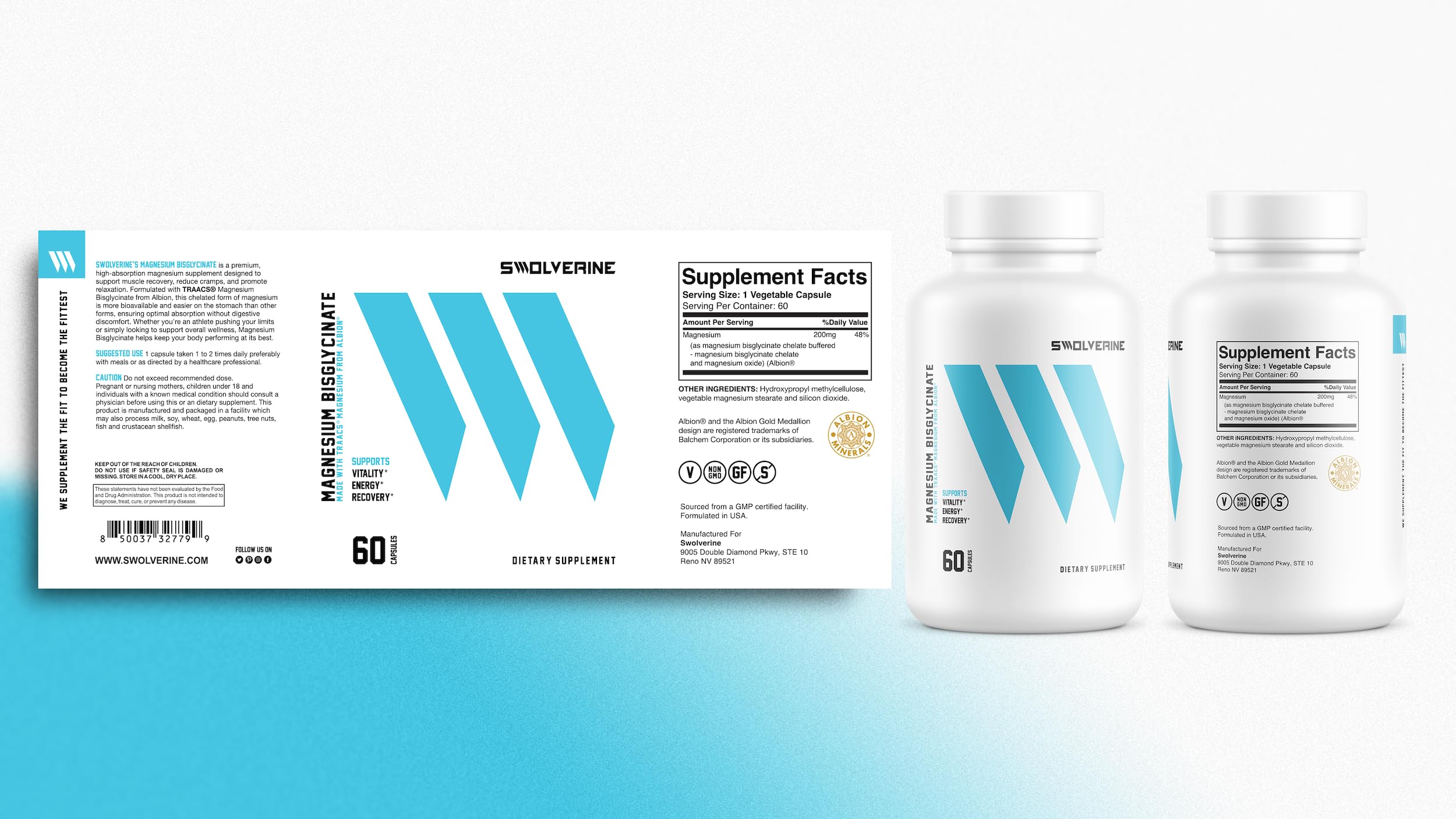 Swolverine Magnesium Bisglycinate 200mg pack shows 60 servings for easy daily use.