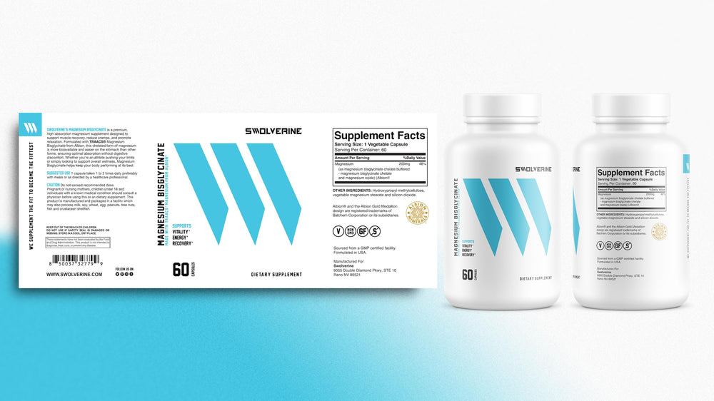 Swolverine Magnesium Bisglycinate 200mg pack shows 60 servings for easy daily use.