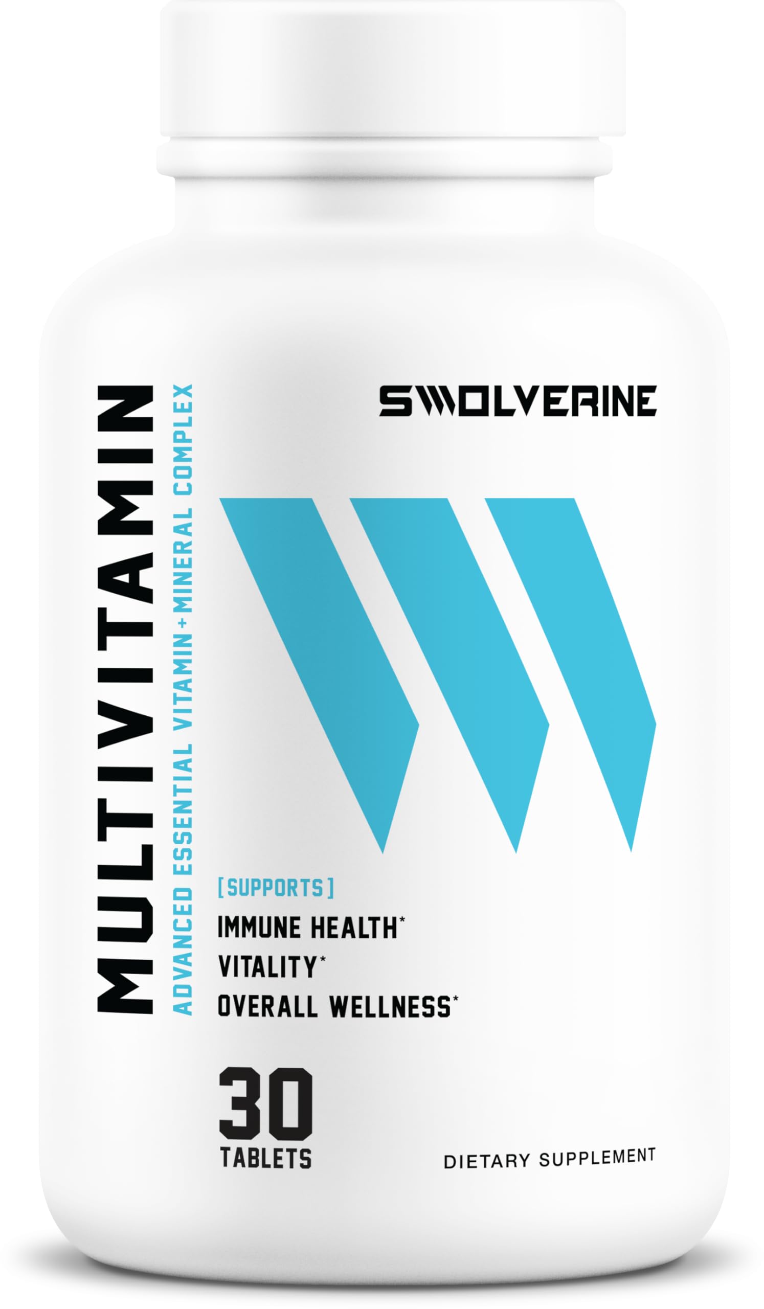 Swolverine multivitamin bottle front highlighting a high-potency daily formula for energy and vitality.