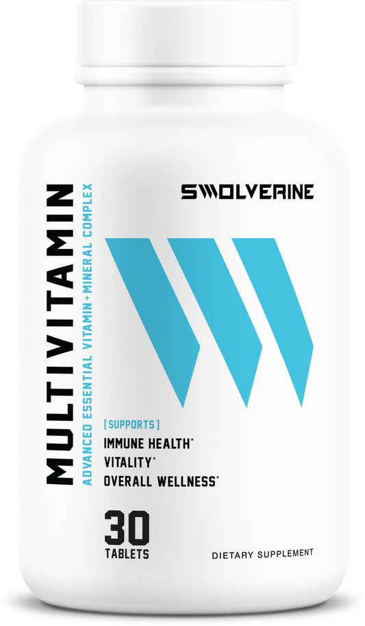Swolverine multivitamin bottle front highlighting a high-potency daily formula for energy and vitality.
