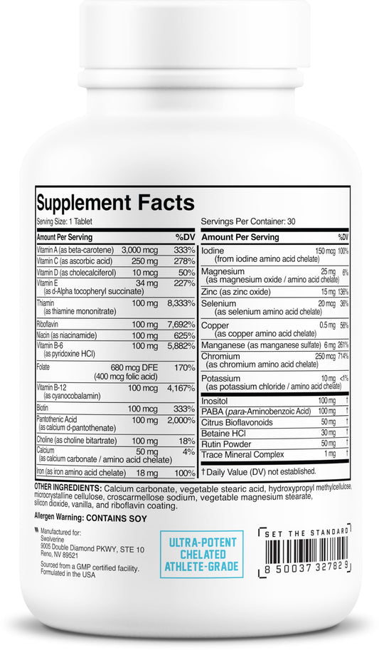 Swolverine multivitamin label close-up showing chelated minerals for better absorption and GI comfort.