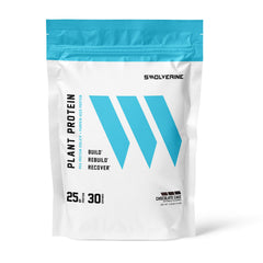 Swolverine Plant Protein chocolate cake tub delivering 22 g protein per serving for post-workout recovery
