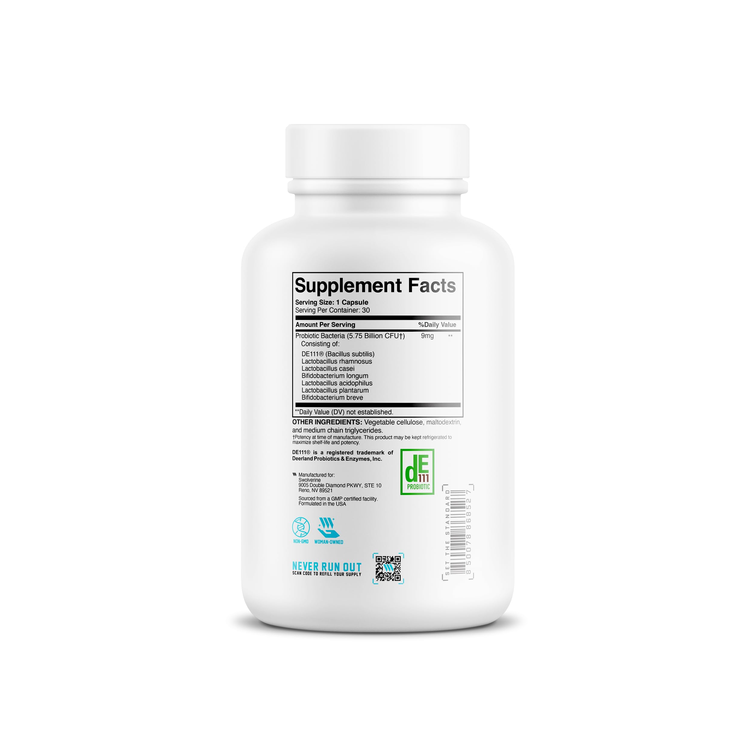 Swolverine Probiotix bottle back label with usage directions for gut balance.