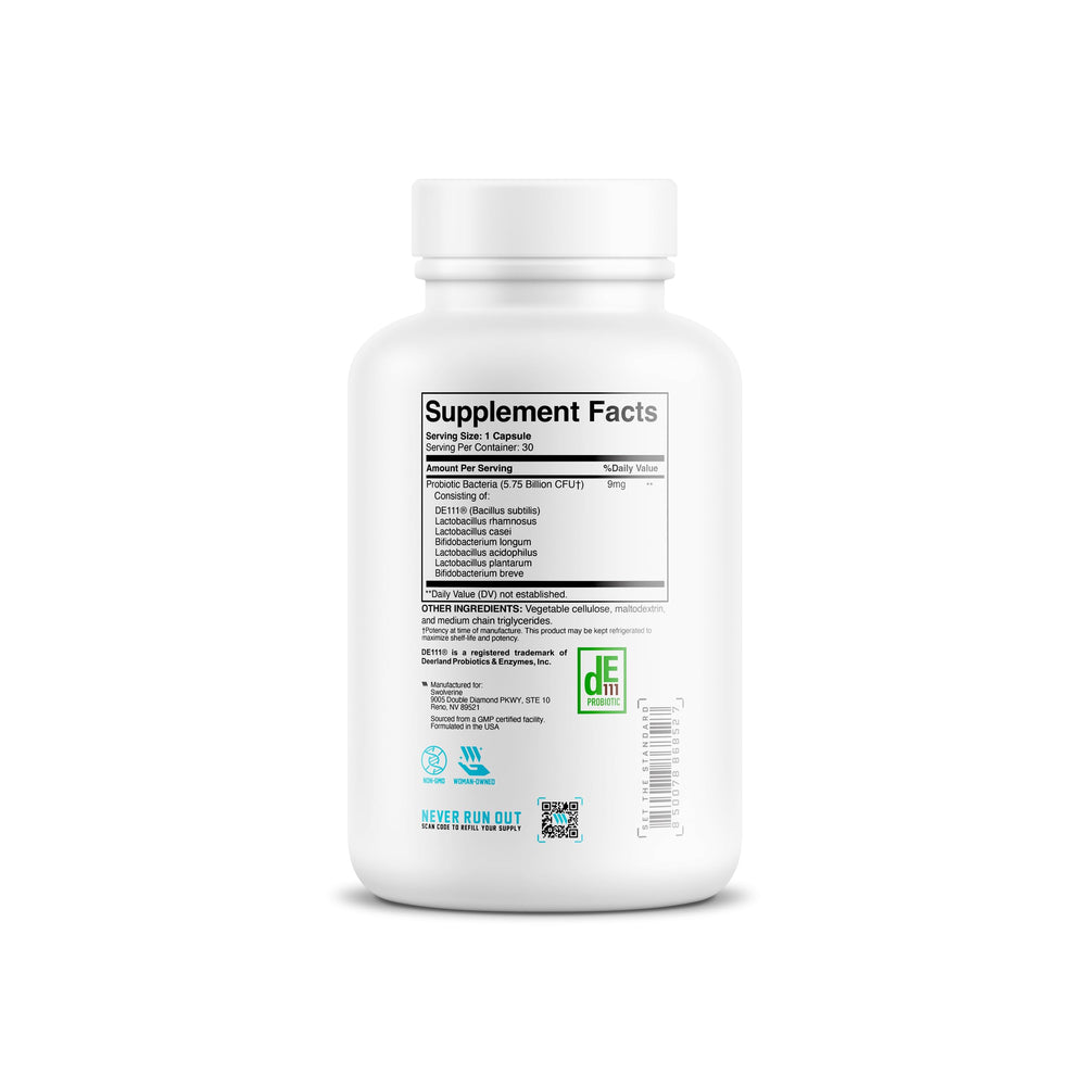 Swolverine Probiotix bottle back label with usage directions for gut balance.