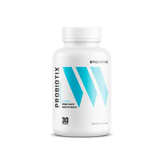 Swolverine Probiotix bottle front showcasing digestive health benefits.