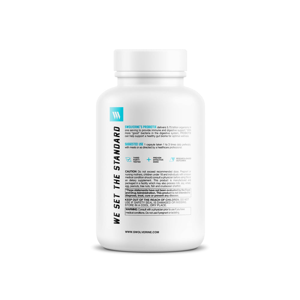 Swolverine Probiotix capsules close-up highlighting DE111 Bacillus Subtilis.