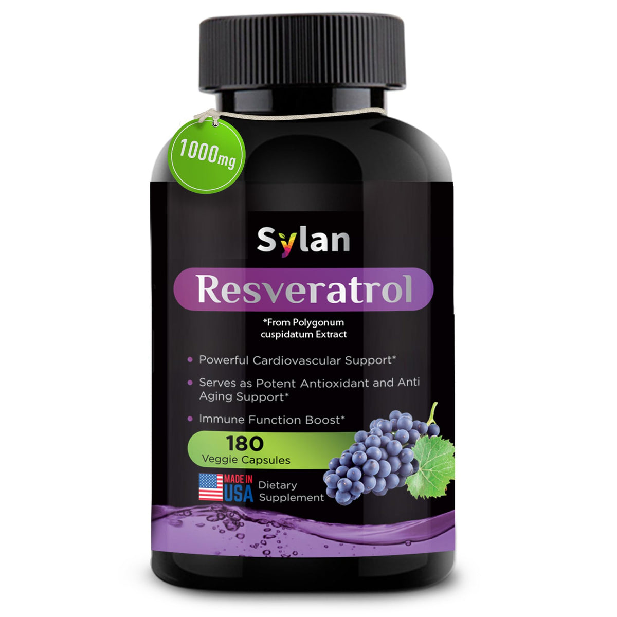 SYLAN Resveratrol 1000mg bottle for daily antioxidant support and longevity.