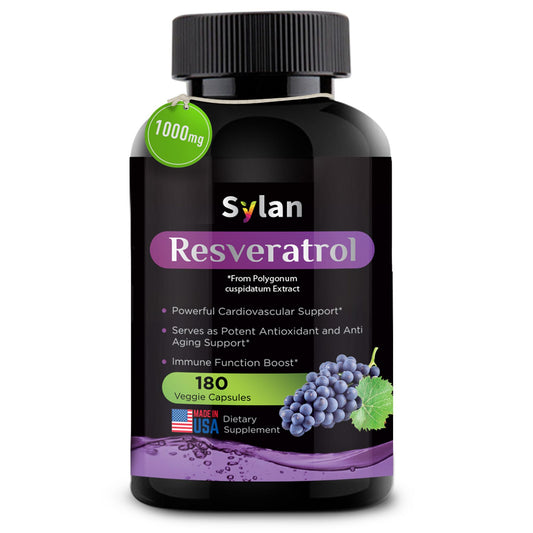 SYLAN Resveratrol 1000mg bottle for daily antioxidant support and longevity.
