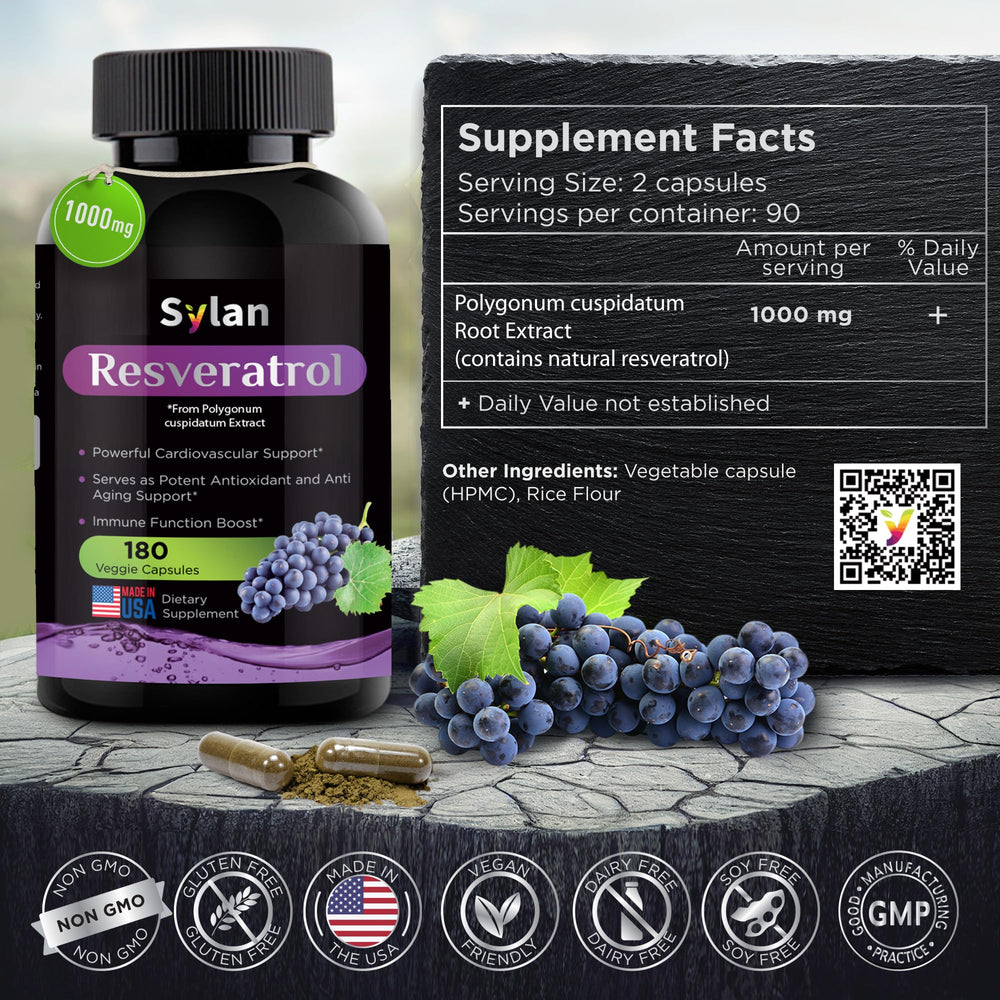 SYLAN Resveratrol bottle pour demonstrating convenient capsule routine.