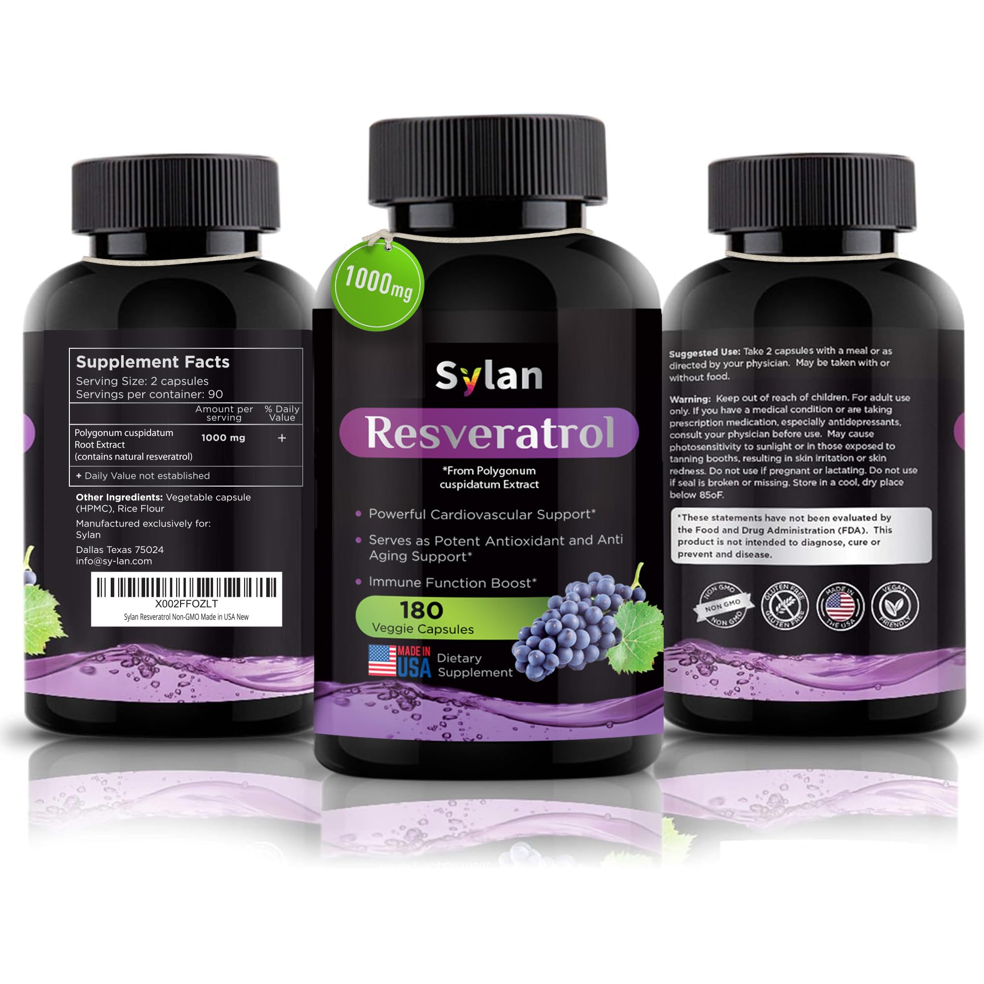 SYLAN Resveratrol label detail shows 500mg per capsule potency.