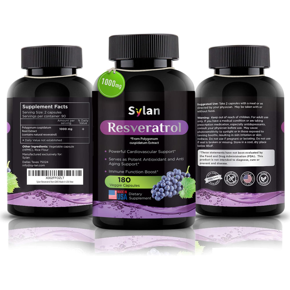 SYLAN Resveratrol label detail shows 500mg per capsule potency.