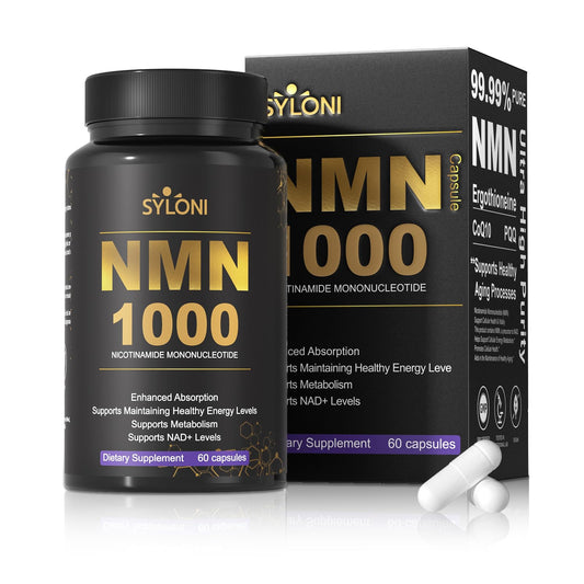 Syloni NMN 1000mg bottle close-up, showcasing convenient capsules for daily vitality.