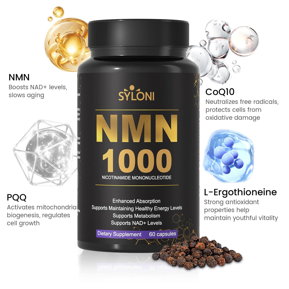 Syloni NMN: PQQ and CoQ10 capsules highlighting the 4-in-1 formulation for energy support.
