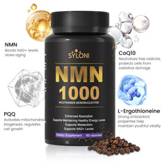 Syloni NMN: PQQ and CoQ10 capsules highlighting the 4-in-1 formulation for energy support.