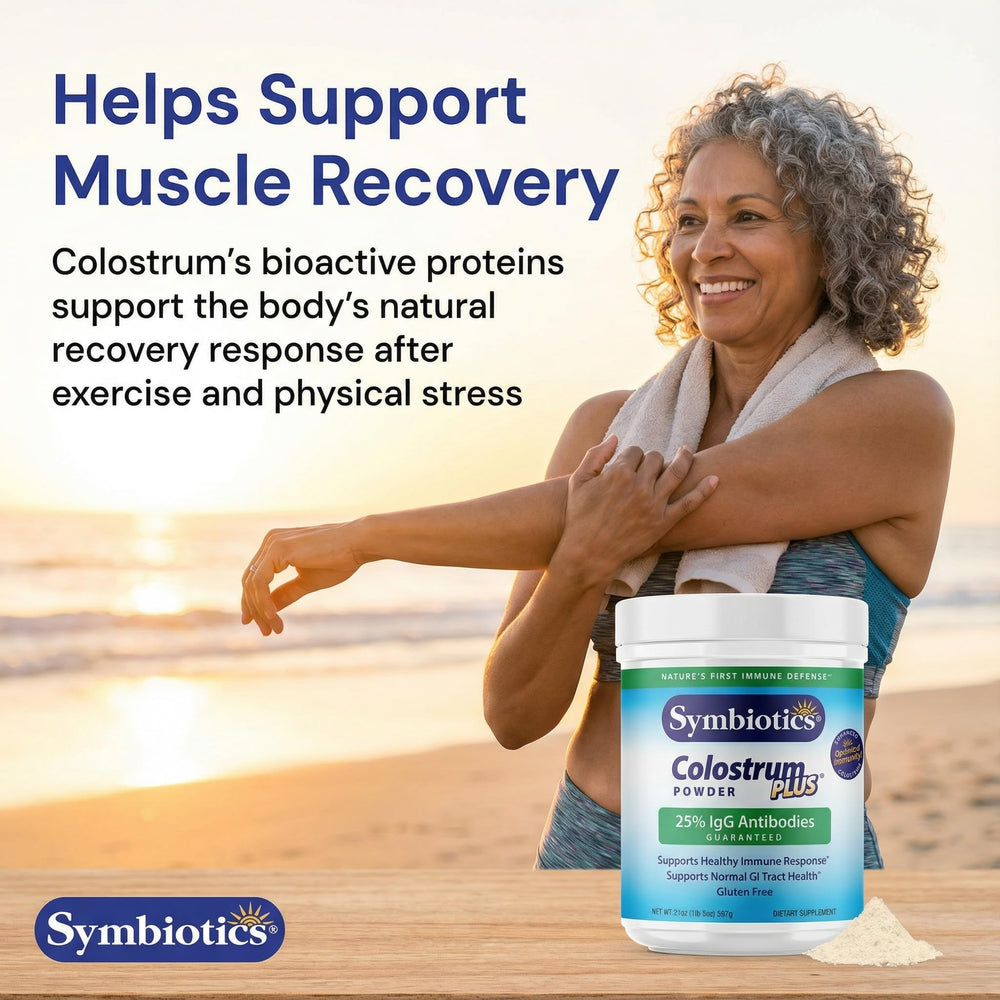 Close-up of Symbiotics Colostrum Plus Powder ingredients with 25% IgG emphasis.