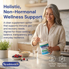 Symbiotics Colostrum Plus Powder label noting no added sugar.