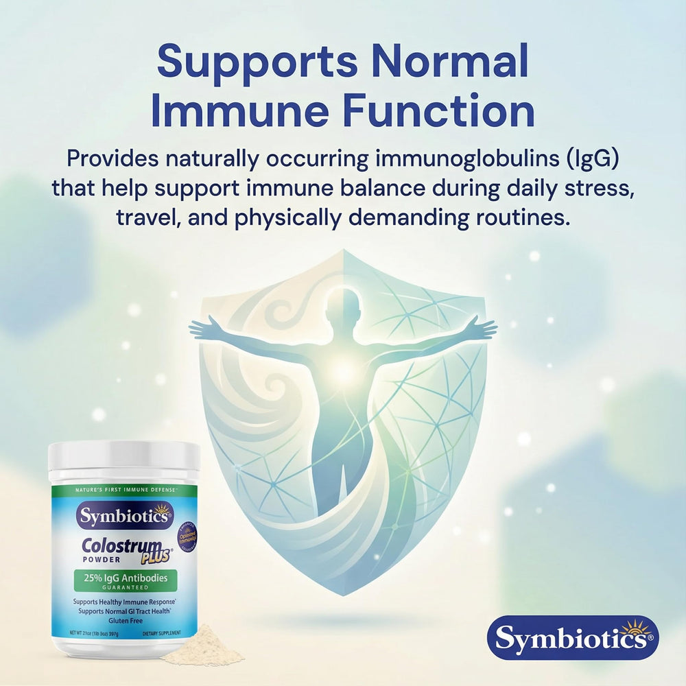 Packaging of Symbiotics Colostrum Plus Powder highlighting gluten-free unflavored formula.