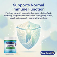 Packaging of Symbiotics Colostrum Plus Powder highlighting gluten-free unflavored formula.