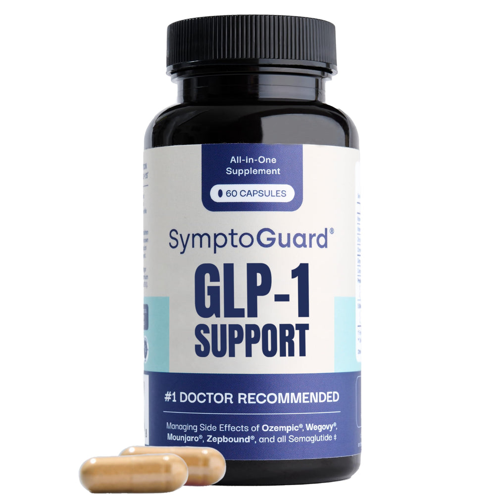 SymptoGuard GLP-1 bottle on shelf for daily digestive comfort.