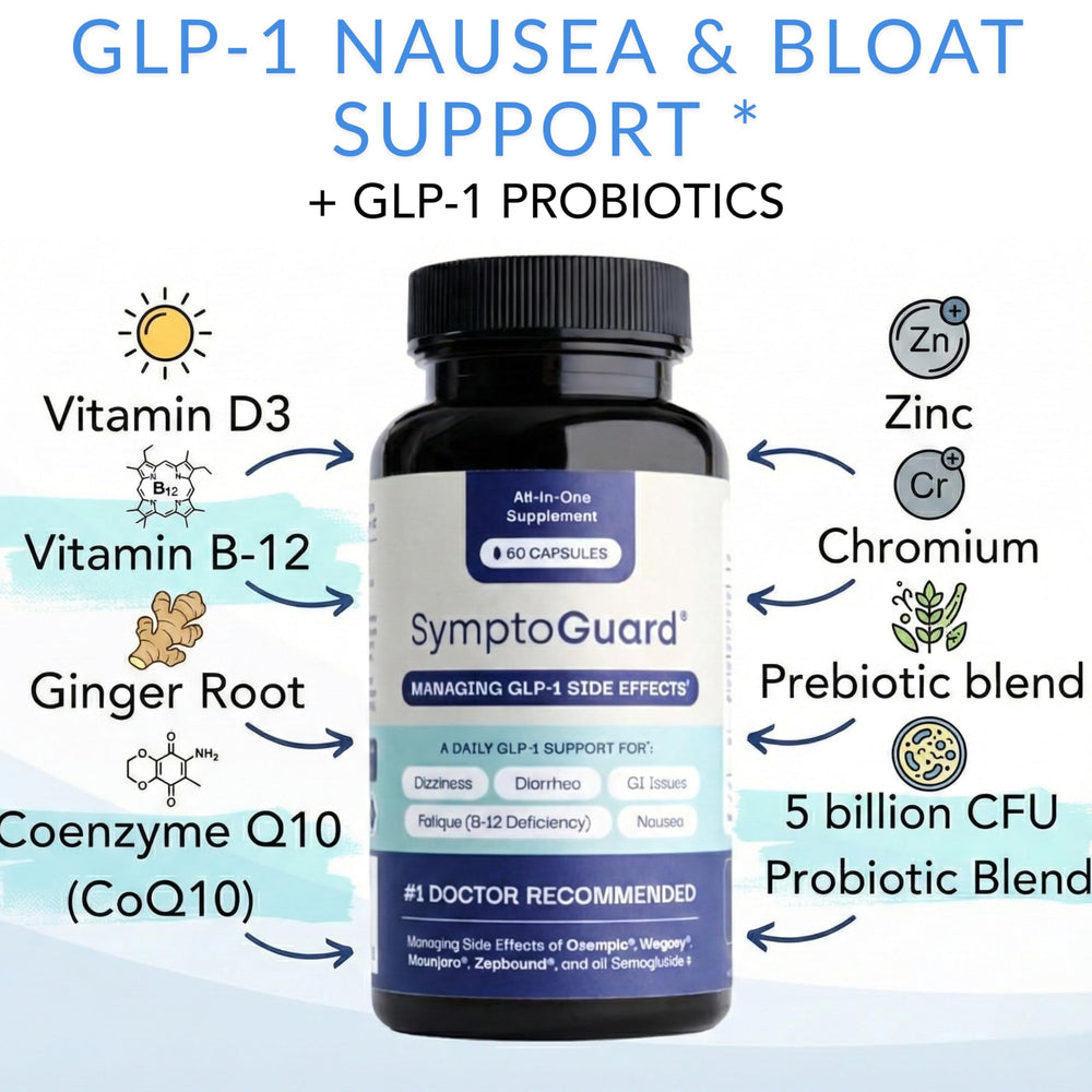SymptoGuard GLP-1 capsules ready for daily use in a wellness routine.