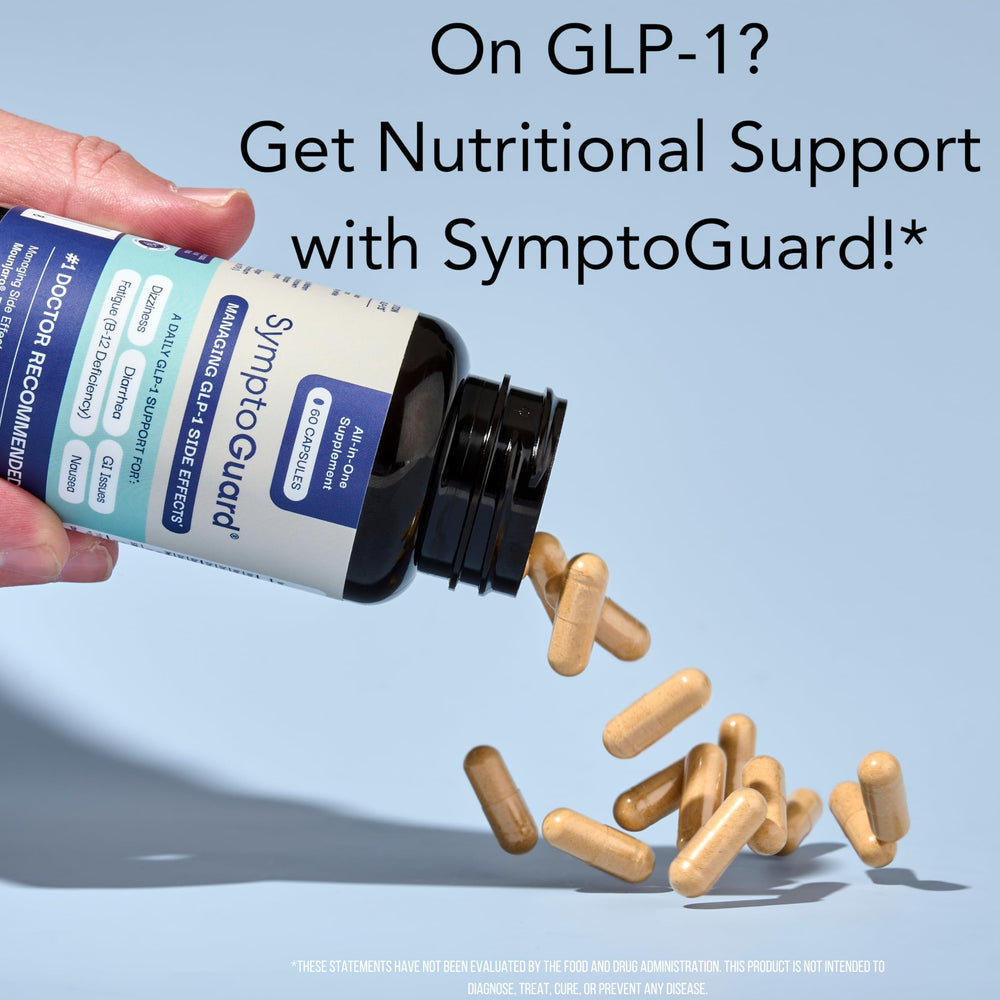 SymptoGuard GLP-1 vitamins D3 and B12 supporting energy metabolism.