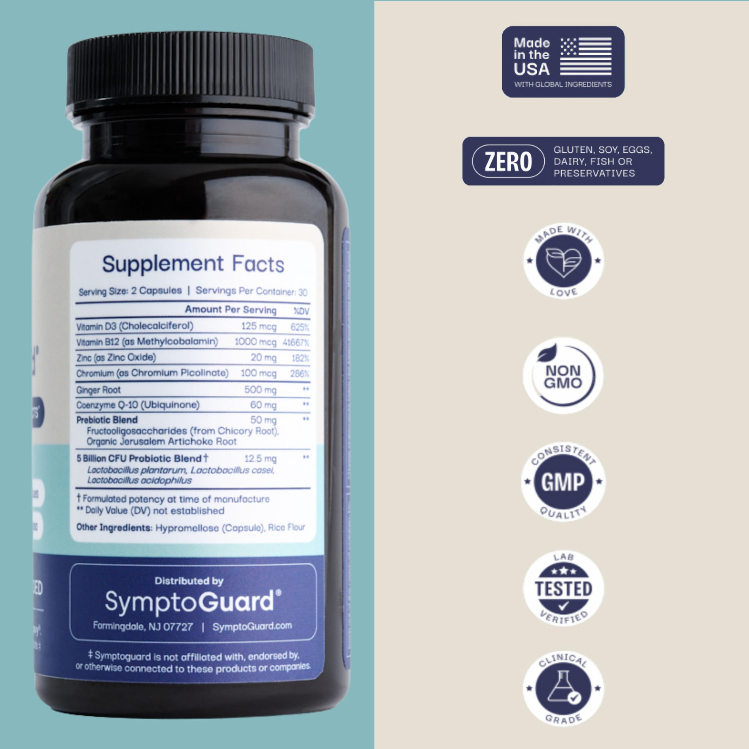 SymptoGuard GLP-1 label closeup with ingredients supporting gut health.