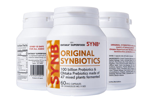 SynB probiotic bottle with capsules, supports daily gut balance.