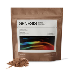 Synchro Genesis chocolate powder tub ready for vegan protein shakes.