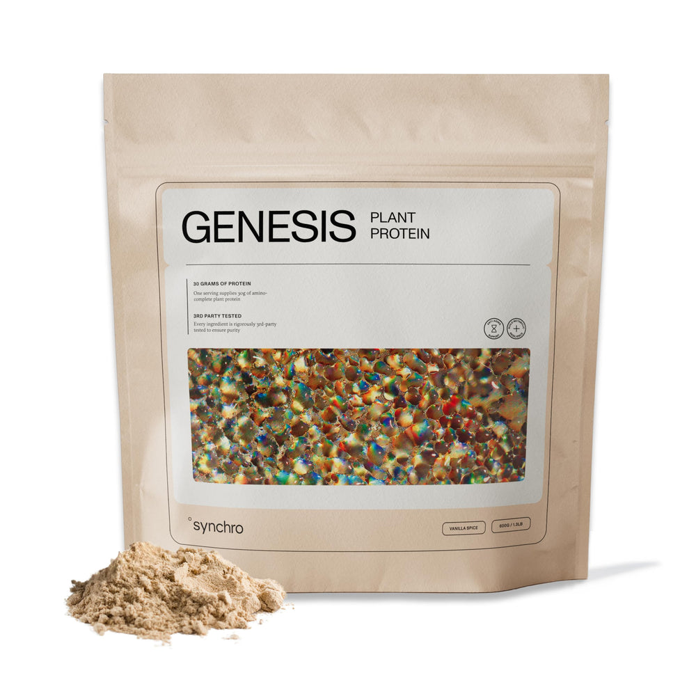 Synchro Genesis Vanilla Spice tub front highlighting premium ingredients for a high-protein blend.